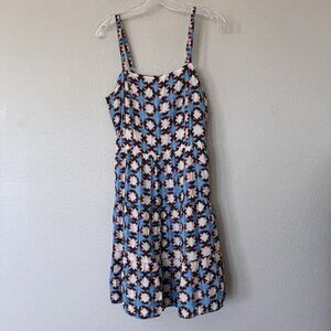 NEW Loft Tiered Smocked Dress Teal Brown Geo Print Size 8 Spring